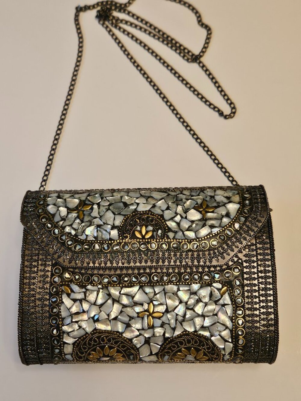 Handmade in India Vintage Metal Purse With Mother of Pearl & Brass Inlay